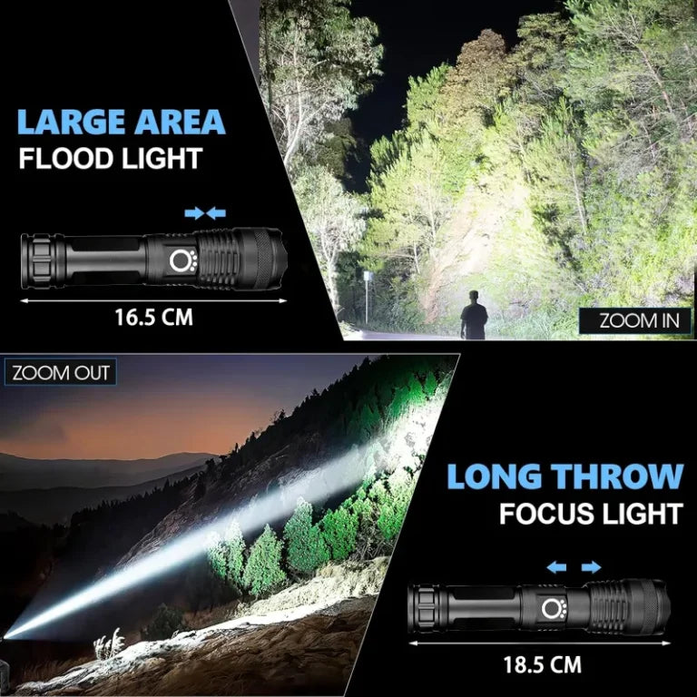VoltBeam Pro™ – Zoomable Rechargeable Metal Flashlight (Power Bank + 12H Backup)
